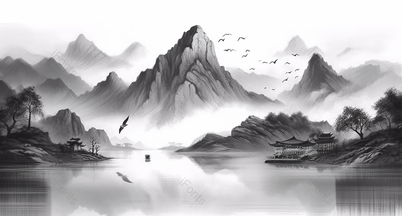 高山之巅群鸟飞过新中式水墨意境山水画,插画/手绘图,插画/手绘图库,插画/手绘图下载,插画/手绘